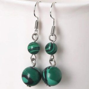 Malachite Pattern Round Beaded Synthetic Stone Dangle Earrings